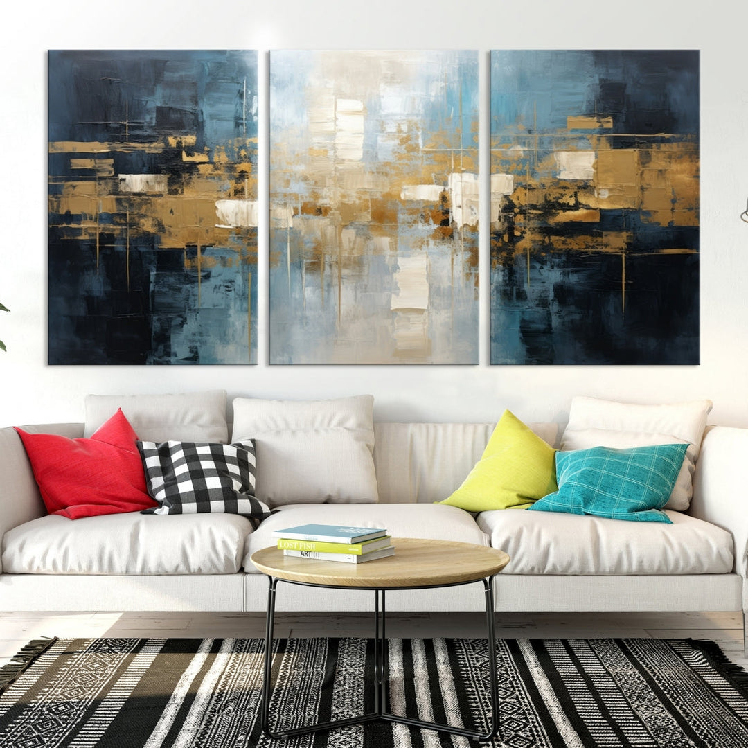 A modern living room features an Abstract Wall Art Print Contemporary Artwork on museum-quality canvas with UV-protective coating. A gallery-wrapped piece hangs prominently, showcasing its captivating design.