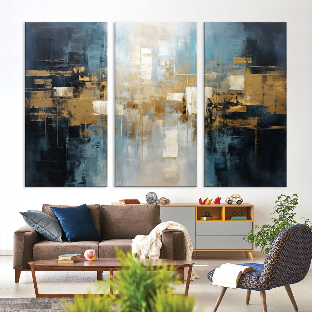 A modern living room features an Abstract Wall Art Print Contemporary Artwork on museum-quality canvas with UV-protective coating. A gallery-wrapped piece hangs prominently, showcasing its captivating design.