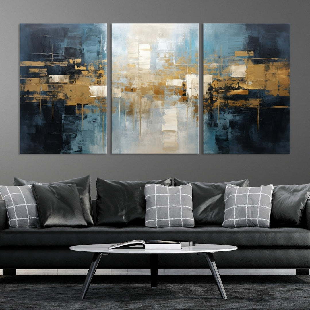 A modern living room features an Abstract Wall Art Print Contemporary Artwork on museum-quality canvas with UV-protective coating. A gallery-wrapped piece hangs prominently, showcasing its captivating design.