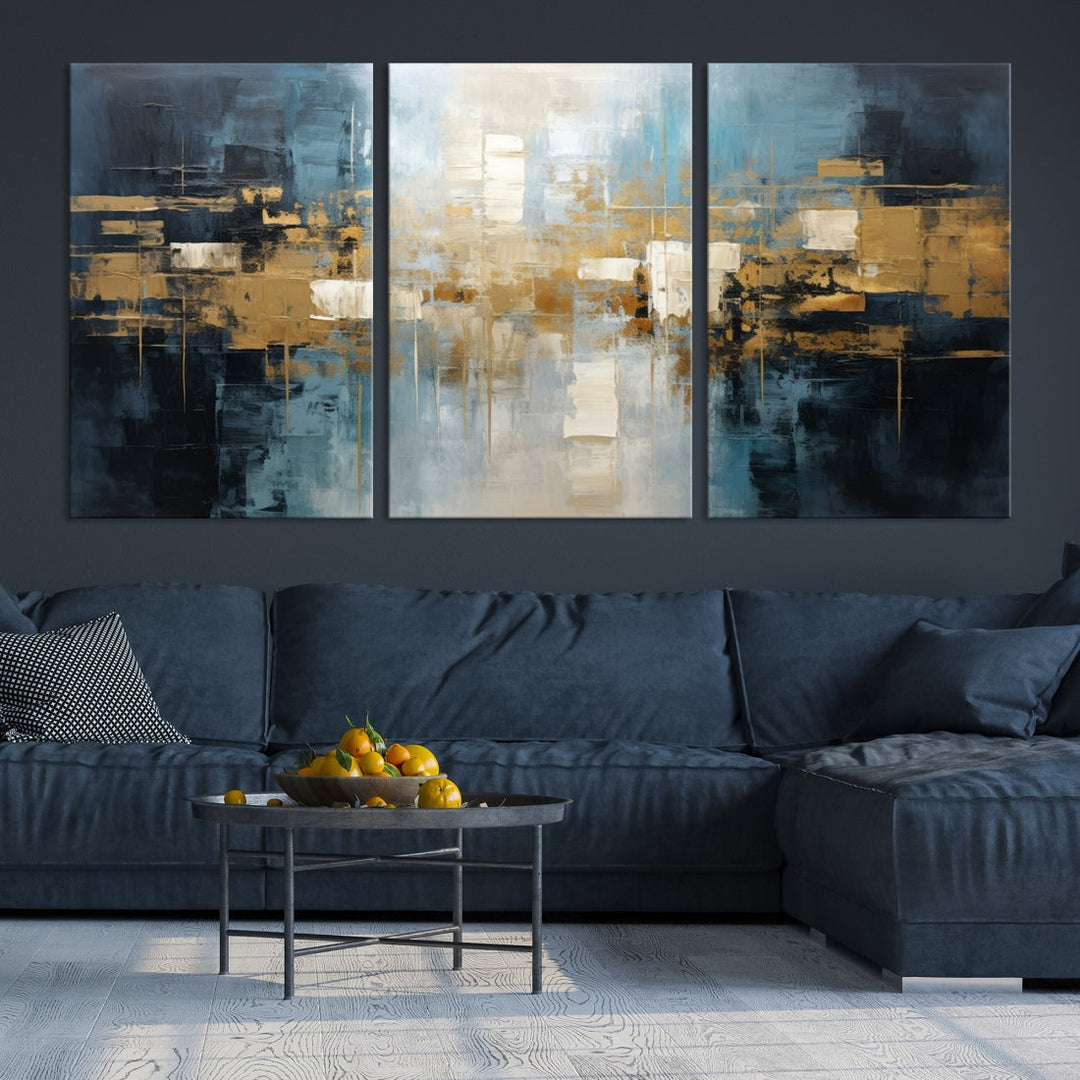 A modern living room features an Abstract Wall Art Print Contemporary Artwork on museum-quality canvas with UV-protective coating. A gallery-wrapped piece hangs prominently, showcasing its captivating design.