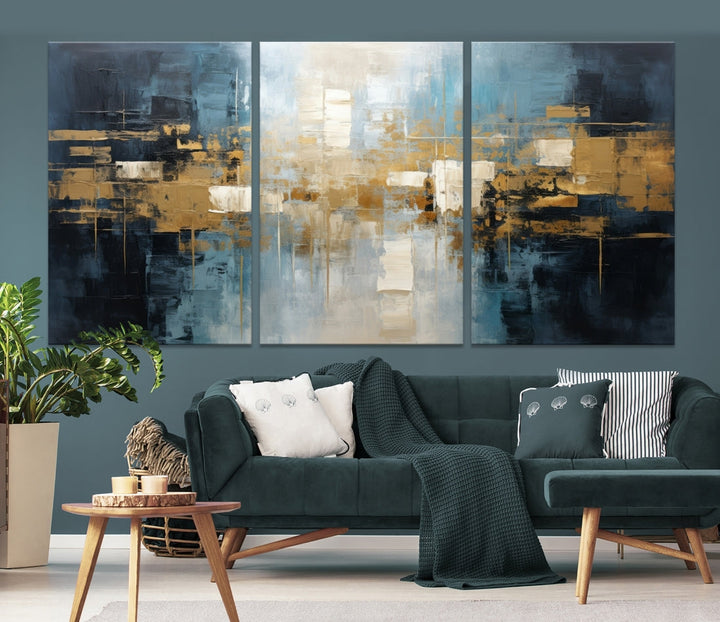 A modern living room features an Abstract Wall Art Print Contemporary Artwork on museum-quality canvas with UV-protective coating. A gallery-wrapped piece hangs prominently, showcasing its captivating design.