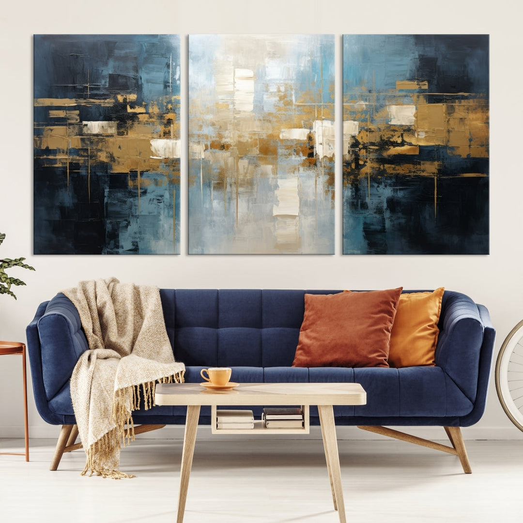 A modern living room features an Abstract Wall Art Print Contemporary Artwork on museum-quality canvas with UV-protective coating. A gallery-wrapped piece hangs prominently, showcasing its captivating design.