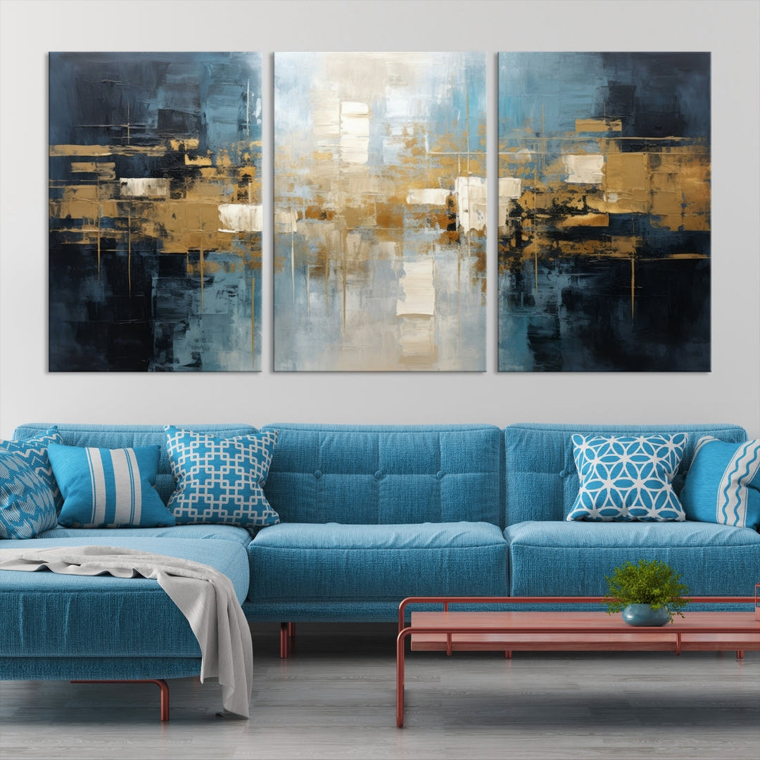 A modern living room features an Abstract Wall Art Print Contemporary Artwork on museum-quality canvas with UV-protective coating. A gallery-wrapped piece hangs prominently, showcasing its captivating design.