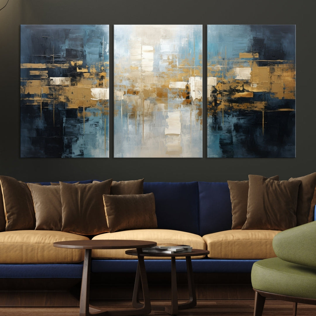 A modern living room features an Abstract Wall Art Print Contemporary Artwork on museum-quality canvas with UV-protective coating. A gallery-wrapped piece hangs prominently, showcasing its captivating design.