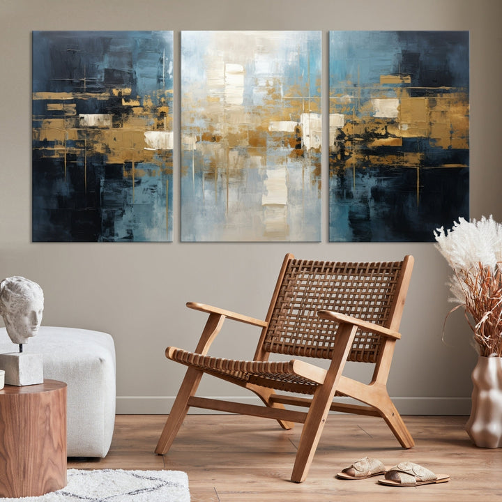 A modern living room features an Abstract Wall Art Print Contemporary Artwork on museum-quality canvas with UV-protective coating. A gallery-wrapped piece hangs prominently, showcasing its captivating design.