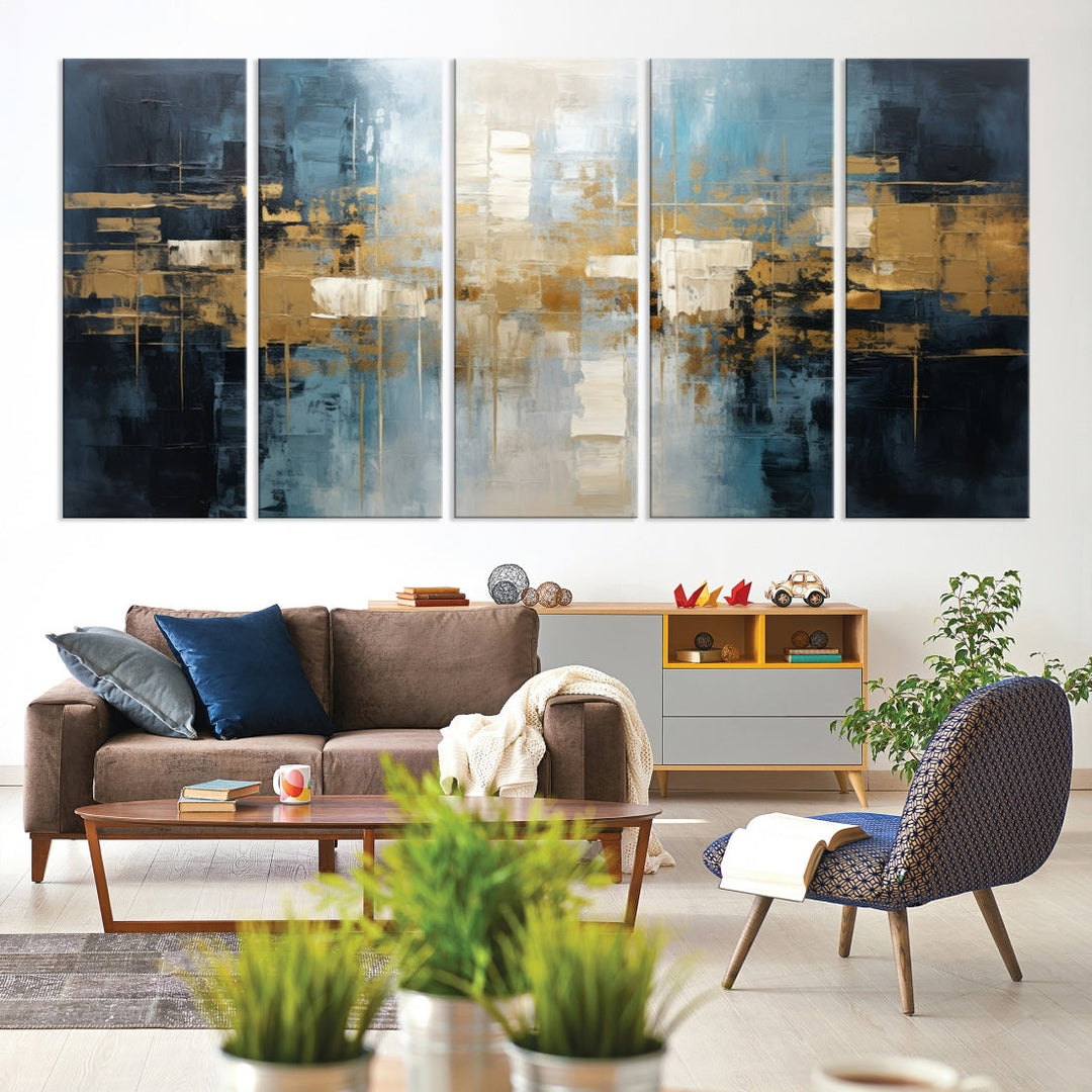 A modern living room features an Abstract Wall Art Print Contemporary Artwork on museum-quality canvas with UV-protective coating. A gallery-wrapped piece hangs prominently, showcasing its captivating design.