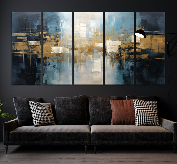 A modern living room features an Abstract Wall Art Print Contemporary Artwork on museum-quality canvas with UV-protective coating. A gallery-wrapped piece hangs prominently, showcasing its captivating design.