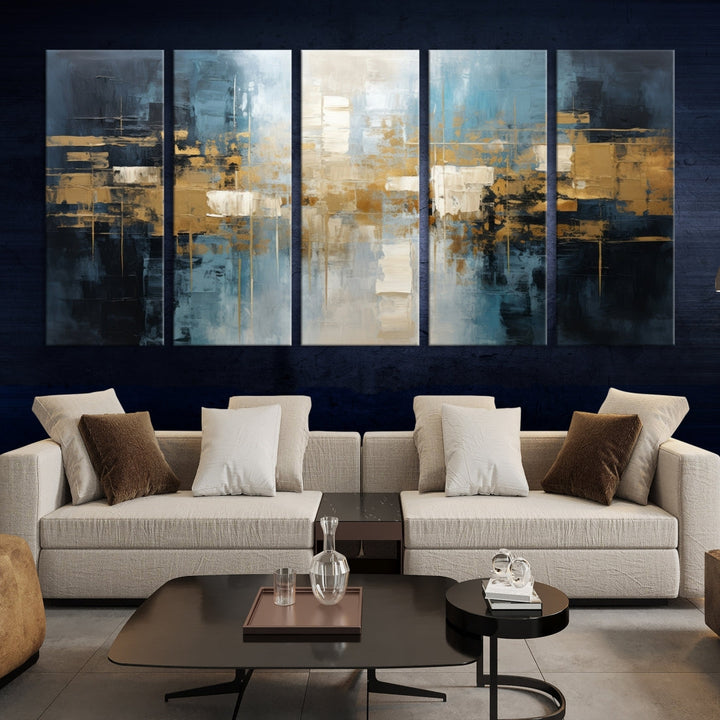 A modern living room features an Abstract Wall Art Print Contemporary Artwork on museum-quality canvas with UV-protective coating. A gallery-wrapped piece hangs prominently, showcasing its captivating design.