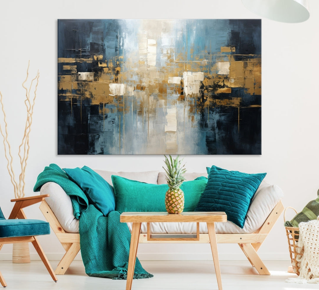 A modern living room features an Abstract Wall Art Print Contemporary Artwork on museum-quality canvas with UV-protective coating. A gallery-wrapped piece hangs prominently, showcasing its captivating design.