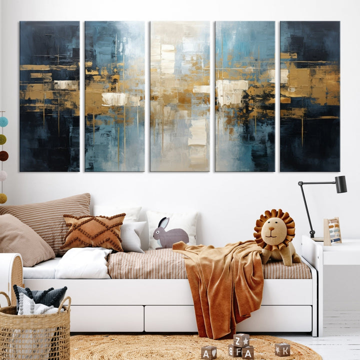 A modern living room features an Abstract Wall Art Print Contemporary Artwork on museum-quality canvas with UV-protective coating. A gallery-wrapped piece hangs prominently, showcasing its captivating design.