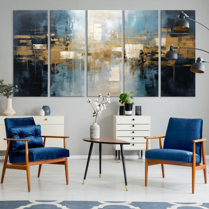 A modern living room features an Abstract Wall Art Print Contemporary Artwork on museum-quality canvas with UV-protective coating. A gallery-wrapped piece hangs prominently, showcasing its captivating design.