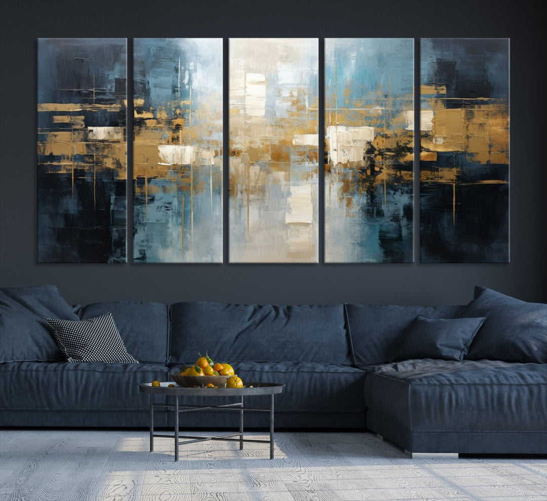 A modern living room features an Abstract Wall Art Print Contemporary Artwork on museum-quality canvas with UV-protective coating. A gallery-wrapped piece hangs prominently, showcasing its captivating design.