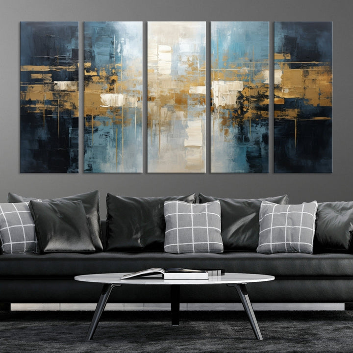 A modern living room features an Abstract Wall Art Print Contemporary Artwork on museum-quality canvas with UV-protective coating. A gallery-wrapped piece hangs prominently, showcasing its captivating design.