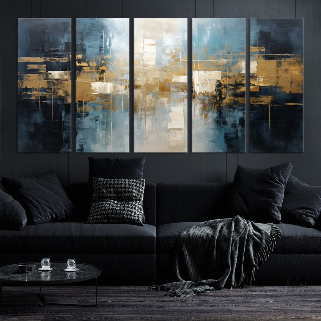 A modern living room features an Abstract Wall Art Print Contemporary Artwork on museum-quality canvas with UV-protective coating. A gallery-wrapped piece hangs prominently, showcasing its captivating design.