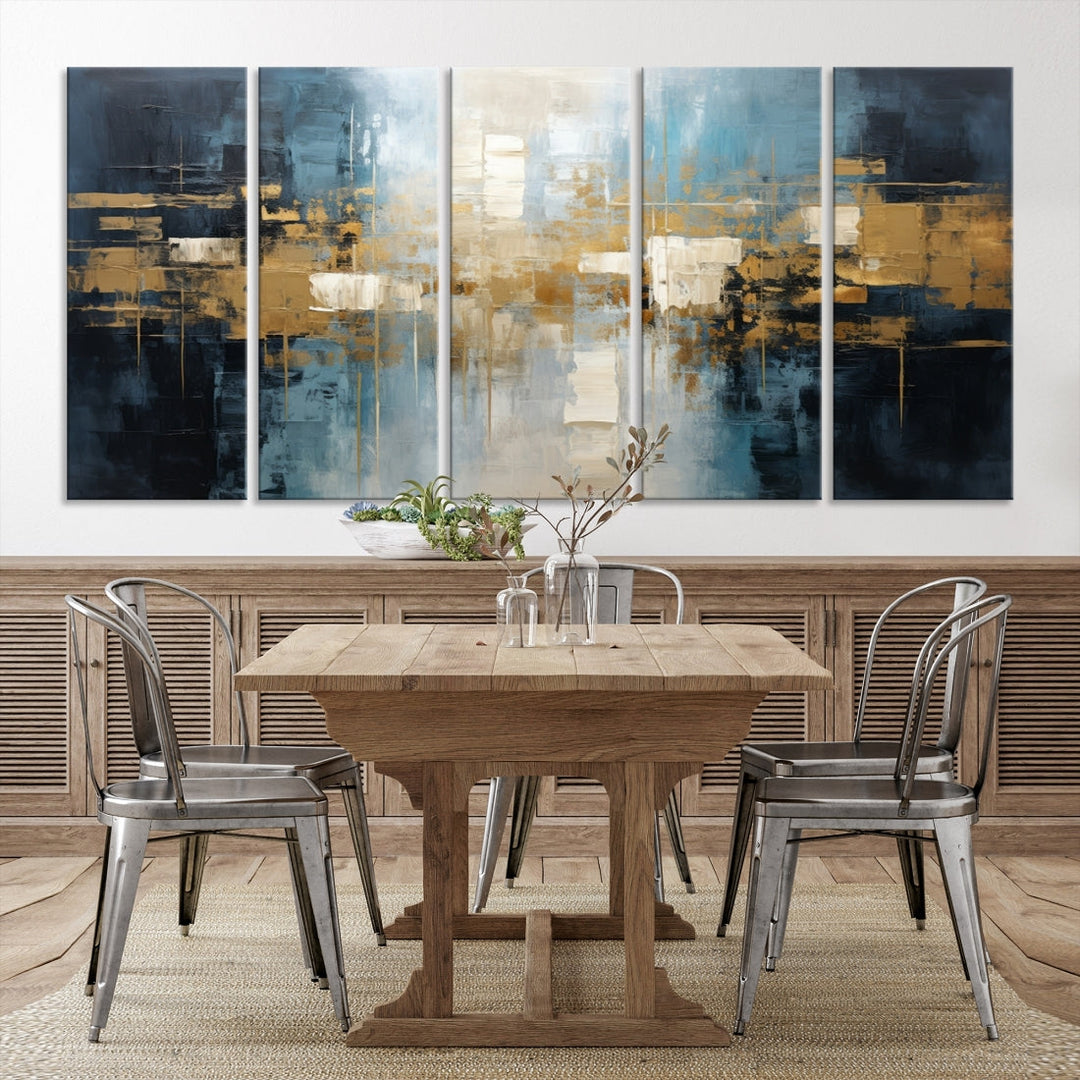 A modern living room features an Abstract Wall Art Print Contemporary Artwork on museum-quality canvas with UV-protective coating. A gallery-wrapped piece hangs prominently, showcasing its captivating design.