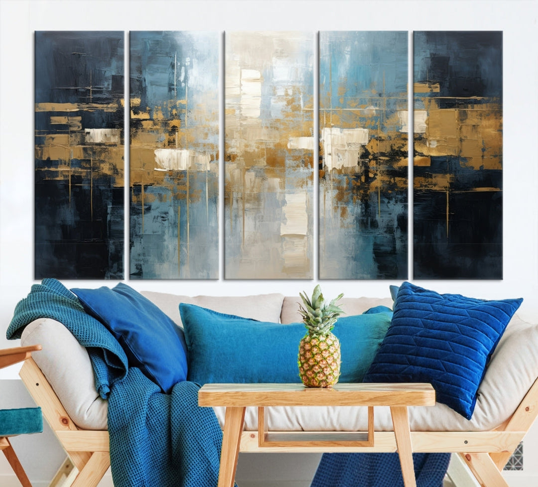 A modern living room features an Abstract Wall Art Print Contemporary Artwork on museum-quality canvas with UV-protective coating. A gallery-wrapped piece hangs prominently, showcasing its captivating design.