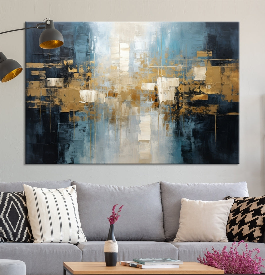 A modern living room features an Abstract Wall Art Print Contemporary Artwork on museum-quality canvas with UV-protective coating. A gallery-wrapped piece hangs prominently, showcasing its captivating design.