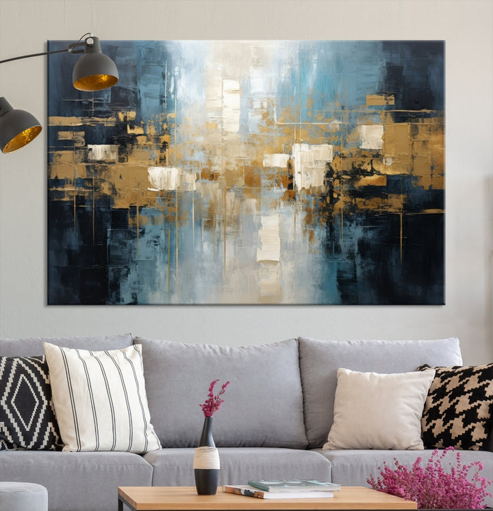 A modern living room features an Abstract Wall Art Print Contemporary Artwork on museum-quality canvas with UV-protective coating. A gallery-wrapped piece hangs prominently, showcasing its captivating design.