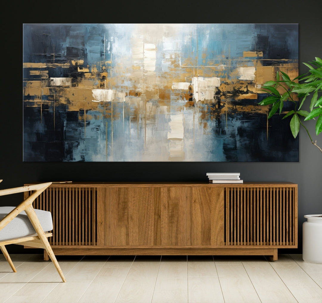 A modern living room features an Abstract Wall Art Print Contemporary Artwork on museum-quality canvas with UV-protective coating. A gallery-wrapped piece hangs prominently, showcasing its captivating design.