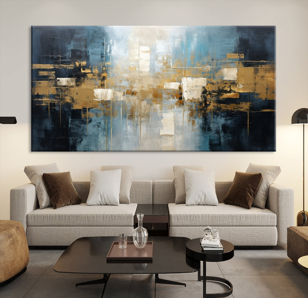 A modern living room features an Abstract Wall Art Print Contemporary Artwork on museum-quality canvas with UV-protective coating. A gallery-wrapped piece hangs prominently, showcasing its captivating design.