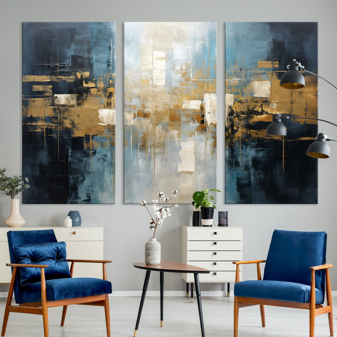 A modern living room features an Abstract Wall Art Print Contemporary Artwork on museum-quality canvas with UV-protective coating. A gallery-wrapped piece hangs prominently, showcasing its captivating design.