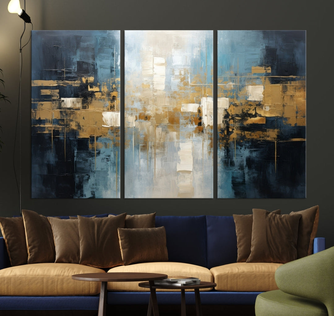 A modern living room features an Abstract Wall Art Print Contemporary Artwork on museum-quality canvas with UV-protective coating. A gallery-wrapped piece hangs prominently, showcasing its captivating design.