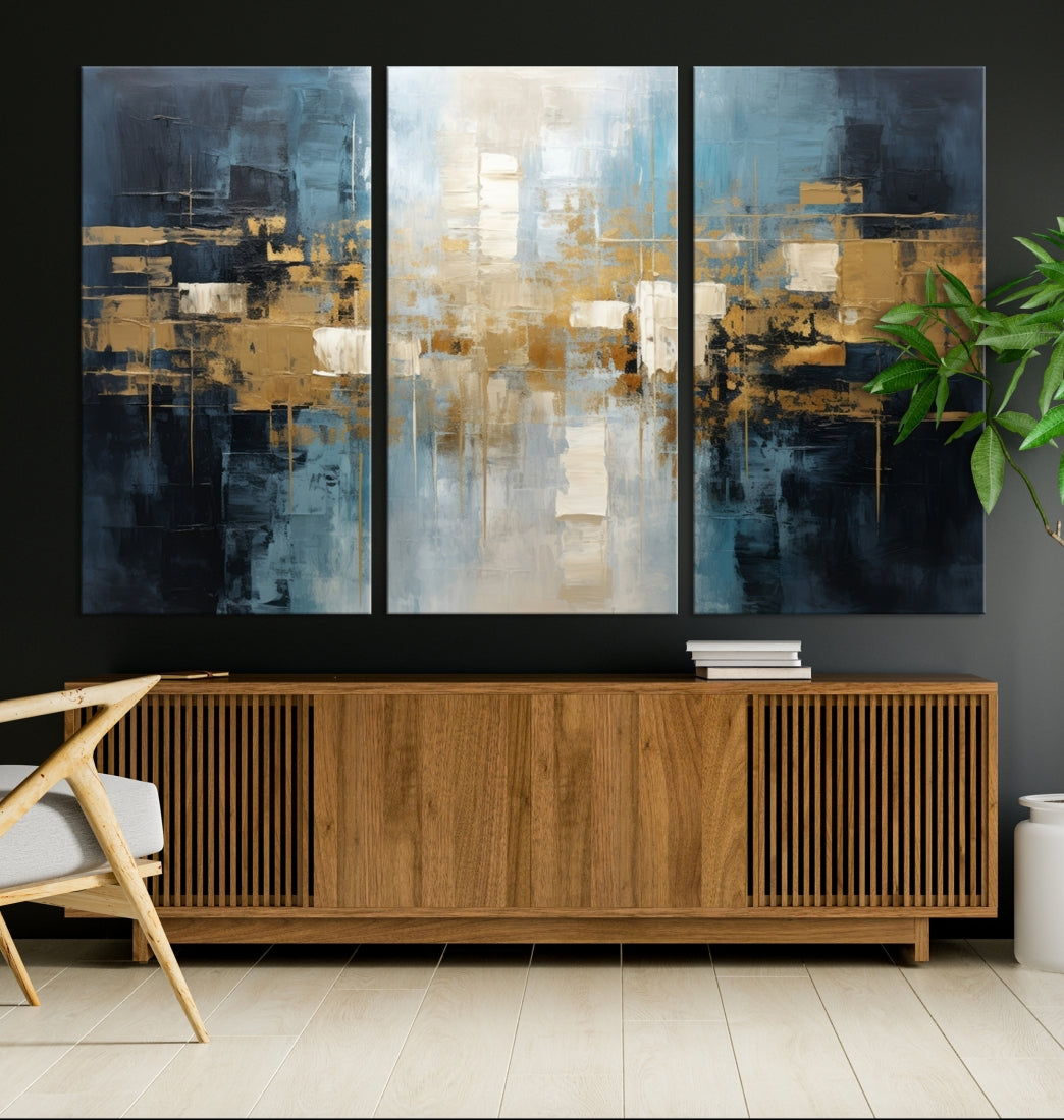 A modern living room features an Abstract Wall Art Print Contemporary Artwork on museum-quality canvas with UV-protective coating. A gallery-wrapped piece hangs prominently, showcasing its captivating design.