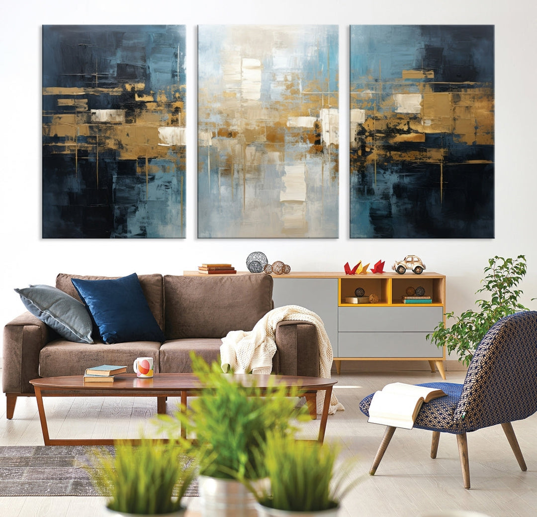 A modern living room features an Abstract Wall Art Print Contemporary Artwork on museum-quality canvas with UV-protective coating. A gallery-wrapped piece hangs prominently, showcasing its captivating design.