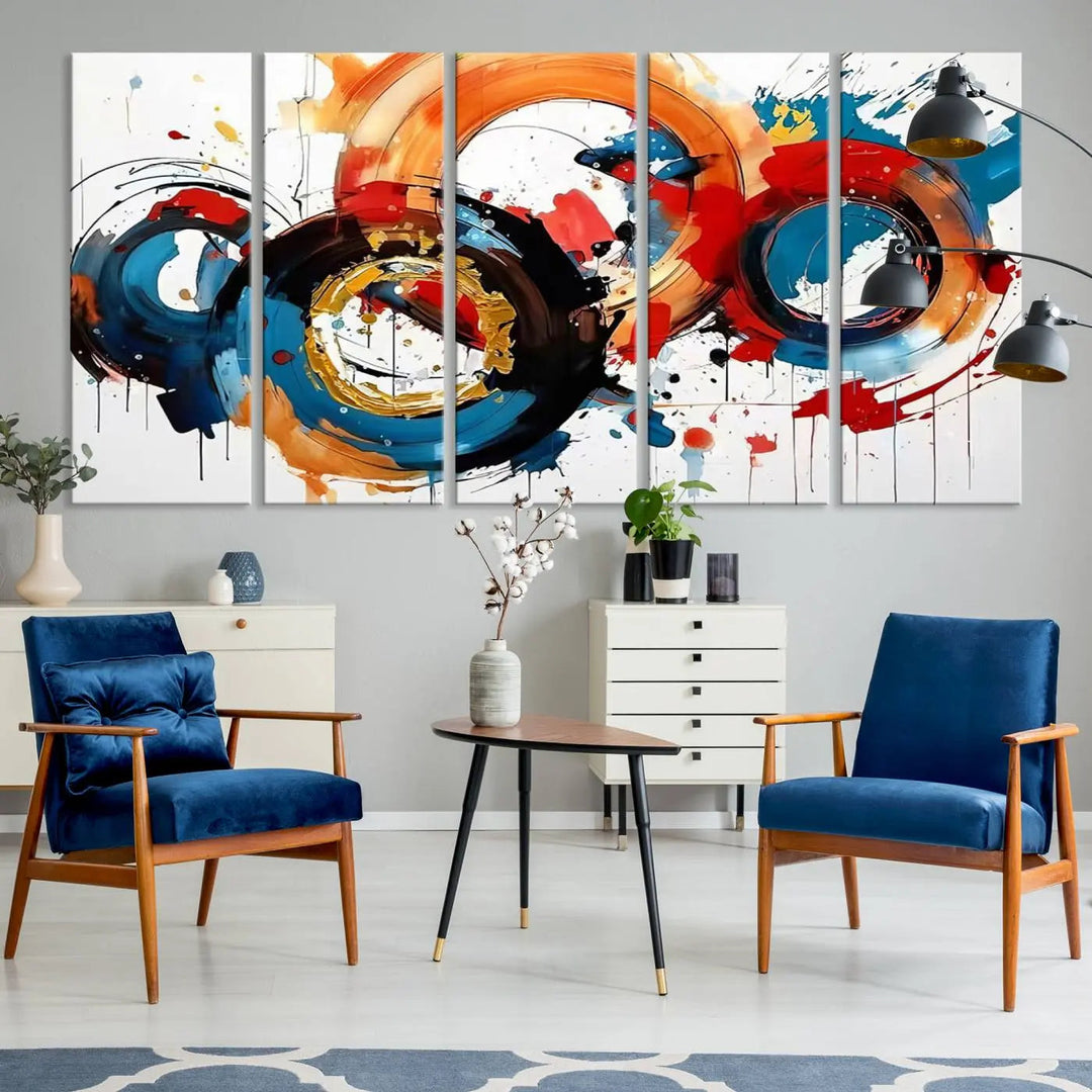 The Abstract Wall Art Rings Canvas Print, with its bold and colorful circular strokes, adorns the wall, epitomizing contemporary design.