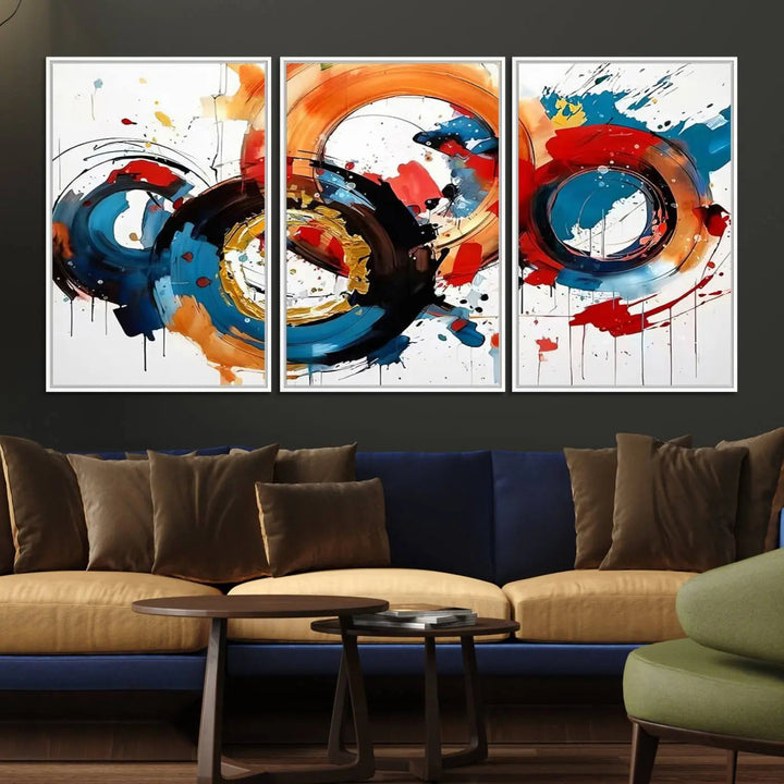 The Abstract Wall Art Rings Canvas Print, with its bold and colorful circular strokes, adorns the wall, epitomizing contemporary design.