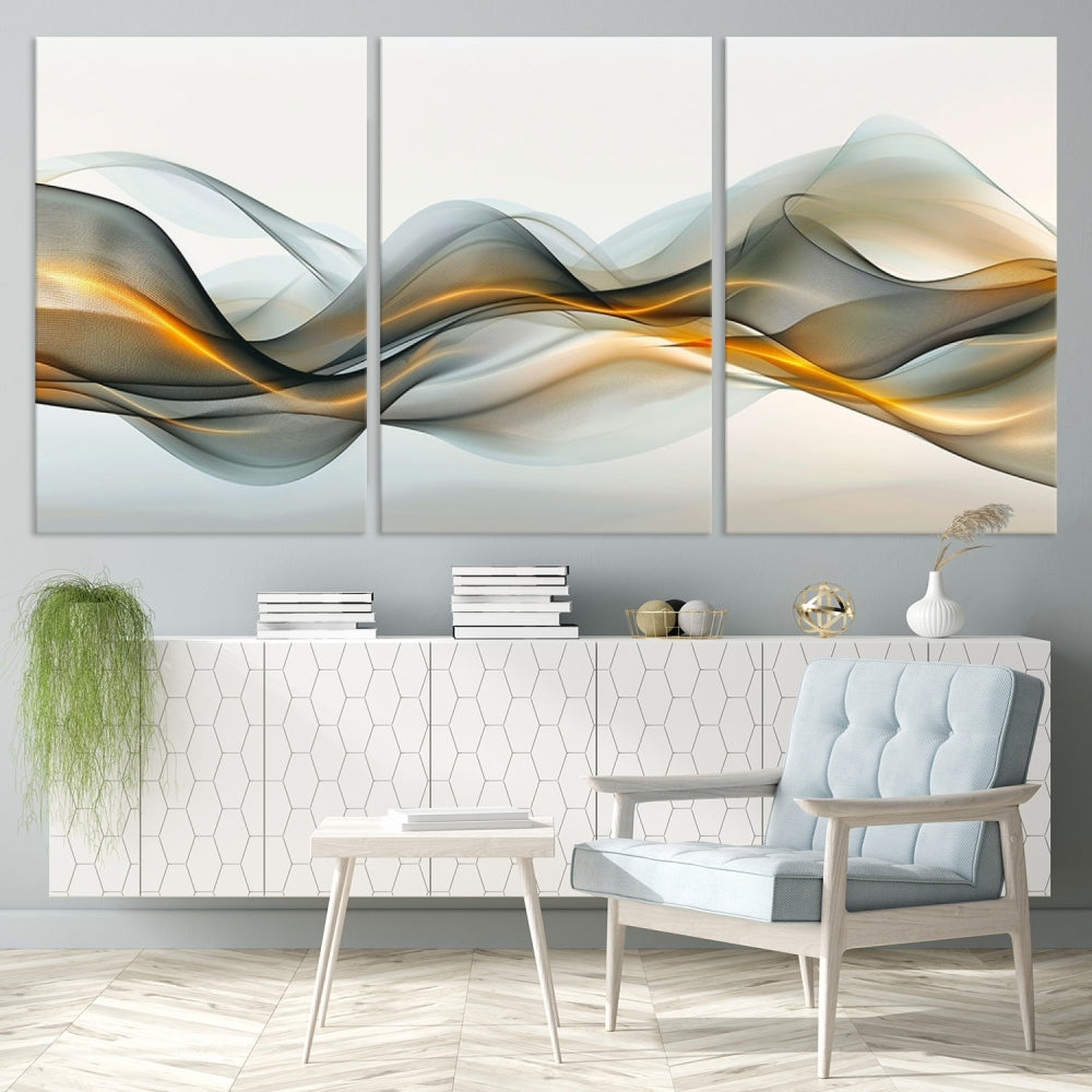 The living room showcases an elegant Abstract Wave Canvas Wall Art – Fluid Contemporary Elegance in Motion – Ready to Hang, featuring swirling blue and golden waves, adding a touch of sophistication to the space.