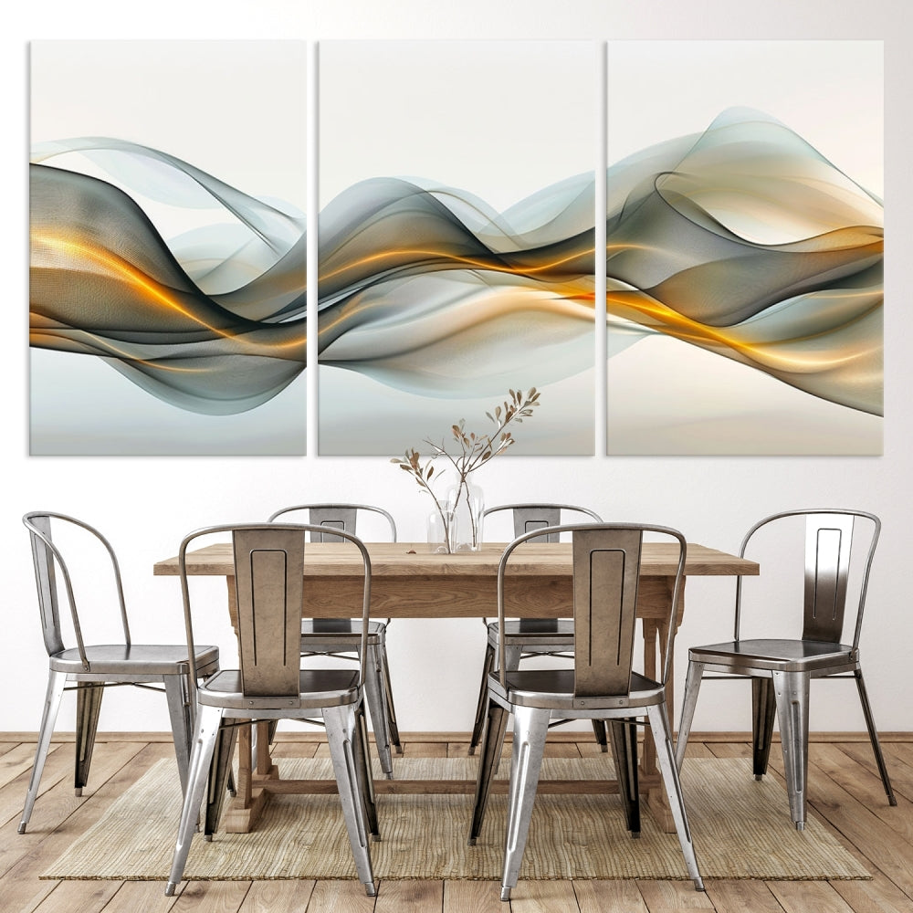 The living room showcases an elegant Abstract Wave Canvas Wall Art – Fluid Contemporary Elegance in Motion – Ready to Hang, featuring swirling blue and golden waves, adding a touch of sophistication to the space.