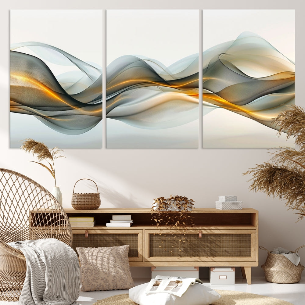 The living room showcases an elegant Abstract Wave Canvas Wall Art – Fluid Contemporary Elegance in Motion – Ready to Hang, featuring swirling blue and golden waves, adding a touch of sophistication to the space.