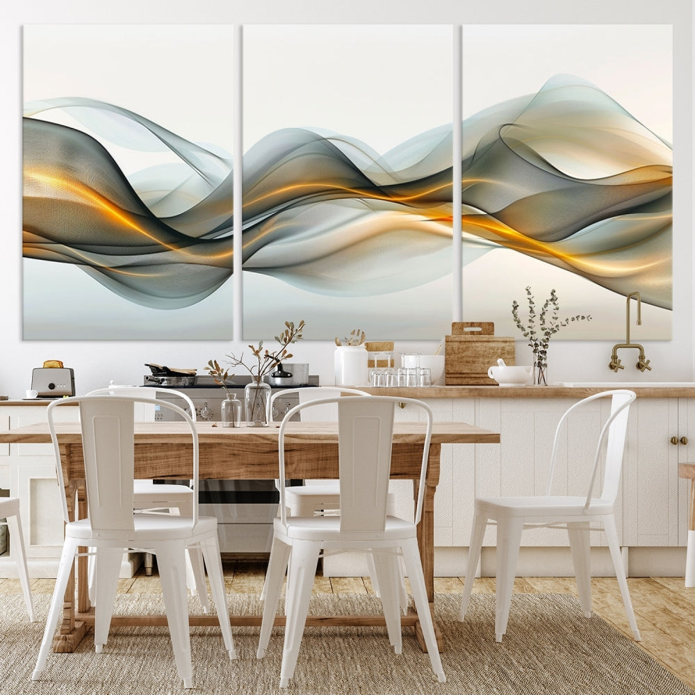 The living room showcases an elegant Abstract Wave Canvas Wall Art – Fluid Contemporary Elegance in Motion – Ready to Hang, featuring swirling blue and golden waves, adding a touch of sophistication to the space.