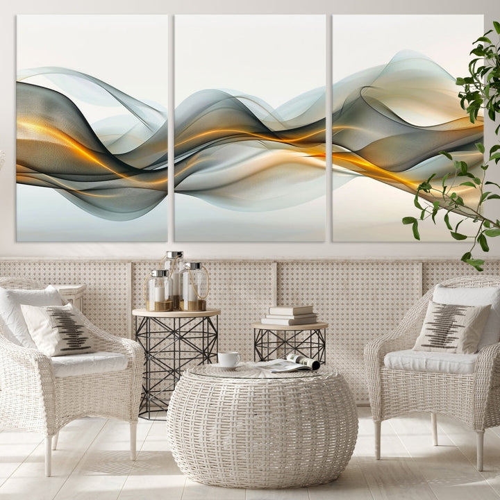 The living room showcases an elegant Abstract Wave Canvas Wall Art – Fluid Contemporary Elegance in Motion – Ready to Hang, featuring swirling blue and golden waves, adding a touch of sophistication to the space.