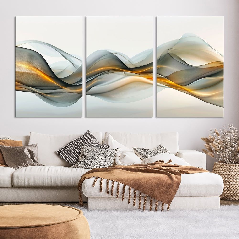 The living room showcases an elegant Abstract Wave Canvas Wall Art – Fluid Contemporary Elegance in Motion – Ready to Hang, featuring swirling blue and golden waves, adding a touch of sophistication to the space.