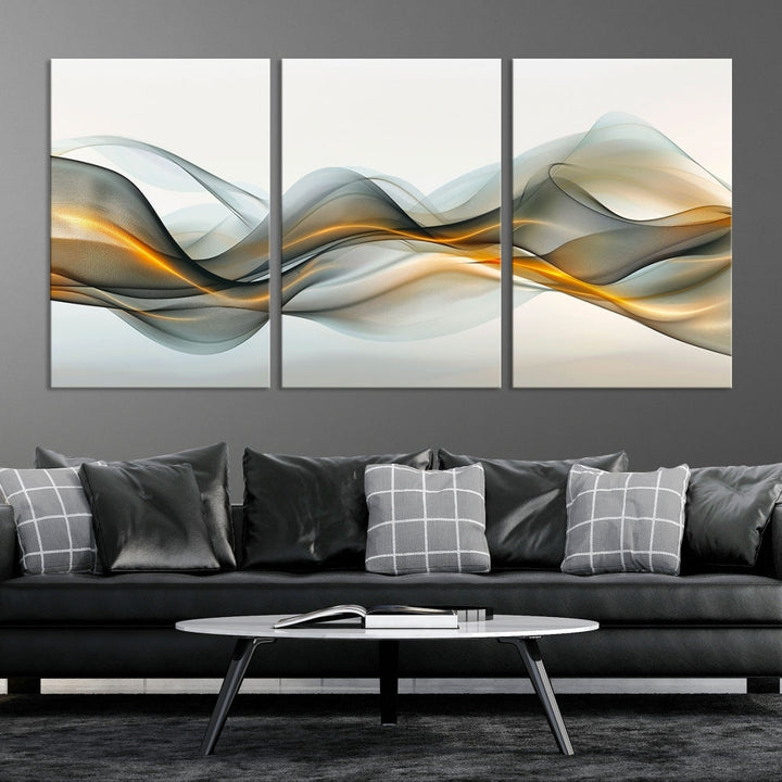 The living room showcases an elegant Abstract Wave Canvas Wall Art – Fluid Contemporary Elegance in Motion – Ready to Hang, featuring swirling blue and golden waves, adding a touch of sophistication to the space.