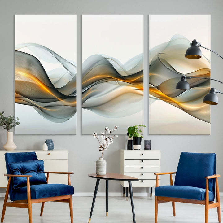 The living room showcases an elegant Abstract Wave Canvas Wall Art – Fluid Contemporary Elegance in Motion – Ready to Hang, featuring swirling blue and golden waves, adding a touch of sophistication to the space.