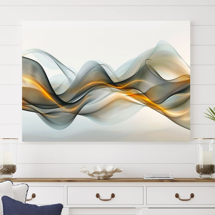 The living room showcases an elegant Abstract Wave Canvas Wall Art – Fluid Contemporary Elegance in Motion – Ready to Hang, featuring swirling blue and golden waves, adding a touch of sophistication to the space.