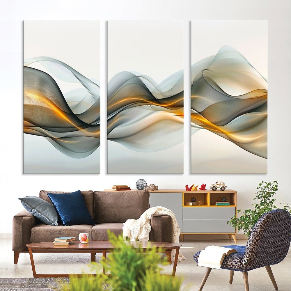 The living room showcases an elegant Abstract Wave Canvas Wall Art – Fluid Contemporary Elegance in Motion – Ready to Hang, featuring swirling blue and golden waves, adding a touch of sophistication to the space.