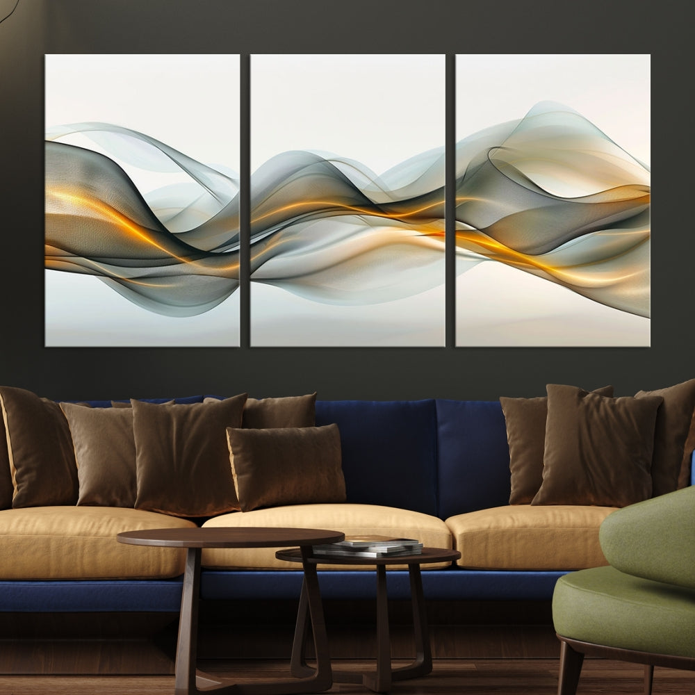 The living room showcases an elegant Abstract Wave Canvas Wall Art – Fluid Contemporary Elegance in Motion – Ready to Hang, featuring swirling blue and golden waves, adding a touch of sophistication to the space.