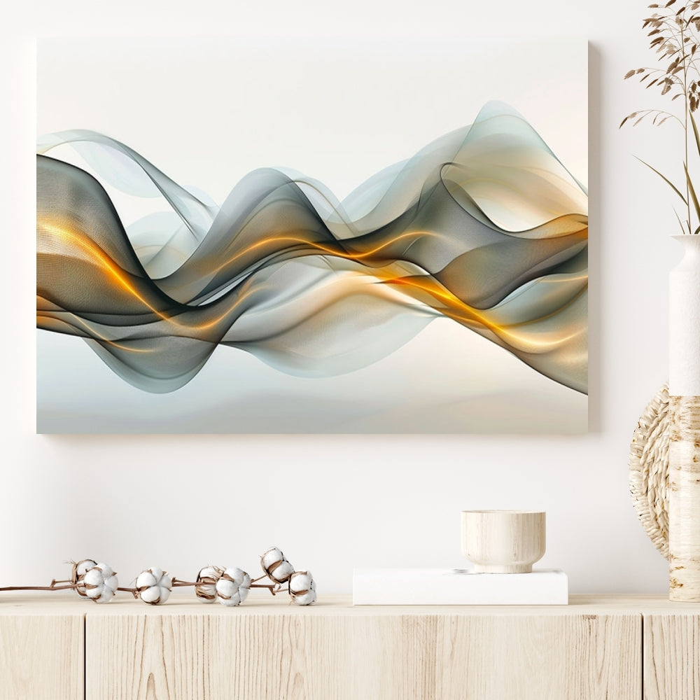 The living room showcases an elegant Abstract Wave Canvas Wall Art – Fluid Contemporary Elegance in Motion – Ready to Hang, featuring swirling blue and golden waves, adding a touch of sophistication to the space.