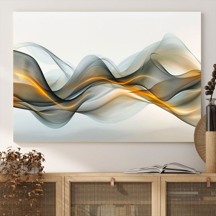 The living room showcases an elegant Abstract Wave Canvas Wall Art – Fluid Contemporary Elegance in Motion – Ready to Hang, featuring swirling blue and golden waves, adding a touch of sophistication to the space.