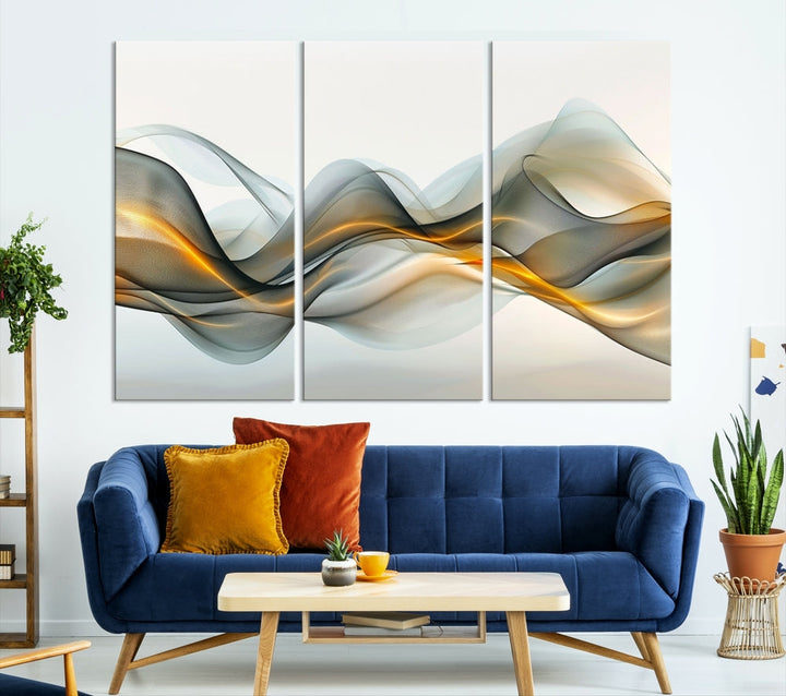 The living room showcases an elegant Abstract Wave Canvas Wall Art – Fluid Contemporary Elegance in Motion – Ready to Hang, featuring swirling blue and golden waves, adding a touch of sophistication to the space.