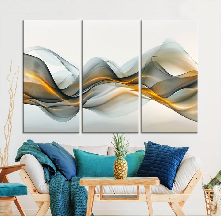 The living room showcases an elegant Abstract Wave Canvas Wall Art – Fluid Contemporary Elegance in Motion – Ready to Hang, featuring swirling blue and golden waves, adding a touch of sophistication to the space.