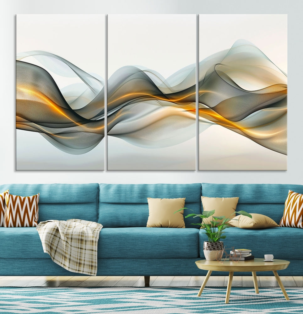 The living room showcases an elegant Abstract Wave Canvas Wall Art – Fluid Contemporary Elegance in Motion – Ready to Hang, featuring swirling blue and golden waves, adding a touch of sophistication to the space.