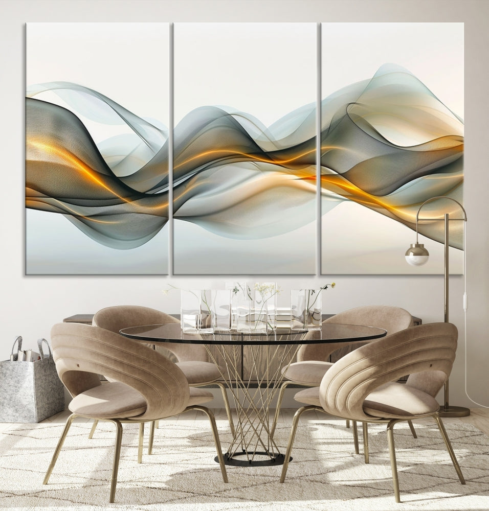 The living room showcases an elegant Abstract Wave Canvas Wall Art – Fluid Contemporary Elegance in Motion – Ready to Hang, featuring swirling blue and golden waves, adding a touch of sophistication to the space.