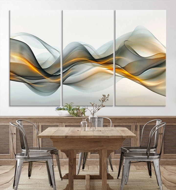 The living room showcases an elegant Abstract Wave Canvas Wall Art – Fluid Contemporary Elegance in Motion – Ready to Hang, featuring swirling blue and golden waves, adding a touch of sophistication to the space.