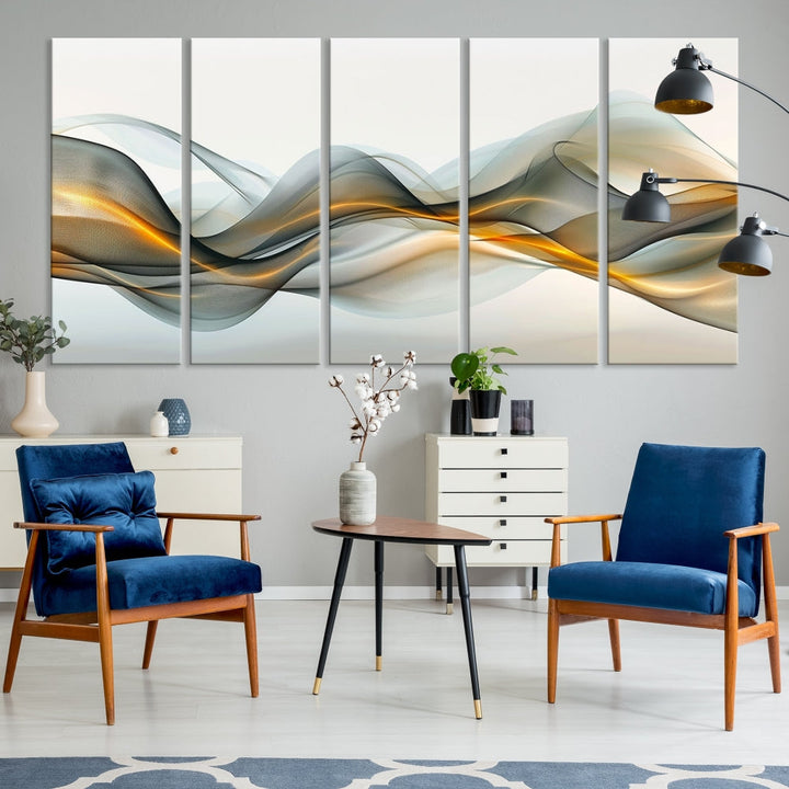 The living room showcases an elegant Abstract Wave Canvas Wall Art – Fluid Contemporary Elegance in Motion – Ready to Hang, featuring swirling blue and golden waves, adding a touch of sophistication to the space.