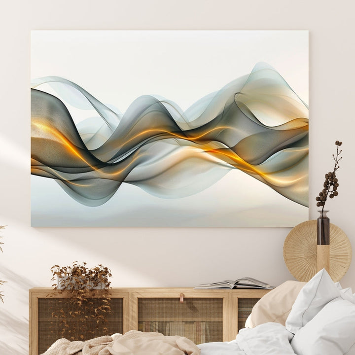 The living room showcases an elegant Abstract Wave Canvas Wall Art – Fluid Contemporary Elegance in Motion – Ready to Hang, featuring swirling blue and golden waves, adding a touch of sophistication to the space.